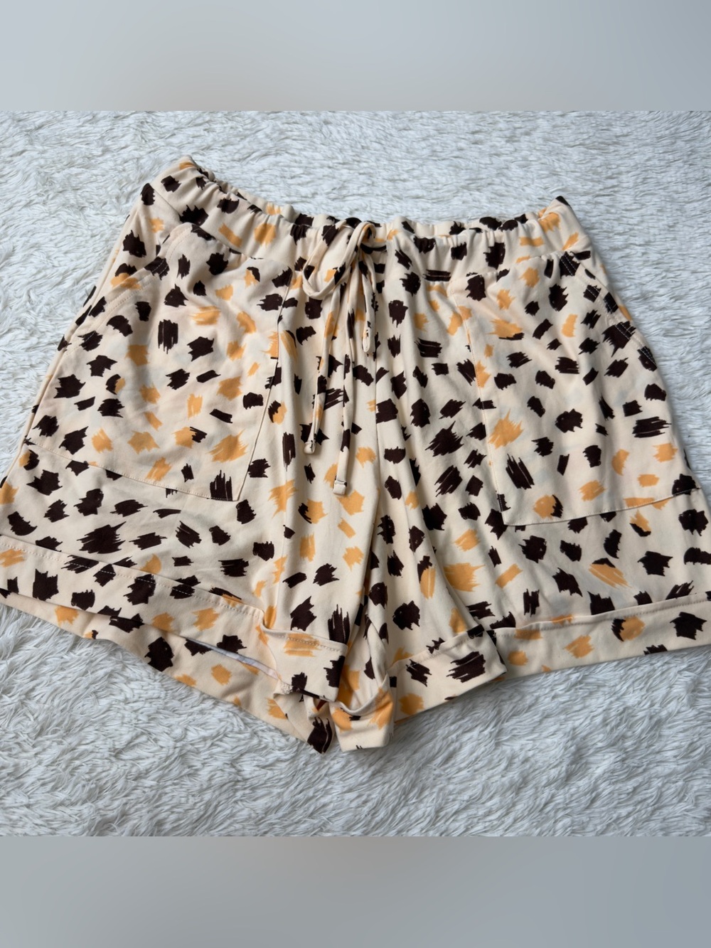 LuLaRoe Cream Shorts with Brown and Mustard Brushstroke Print